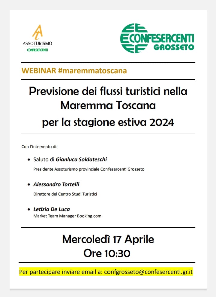 Confesercenti Grosseto: al via il 17 aprile il webinar “Previsione dei flussi turistici della Maremma per la stagione 2024”
