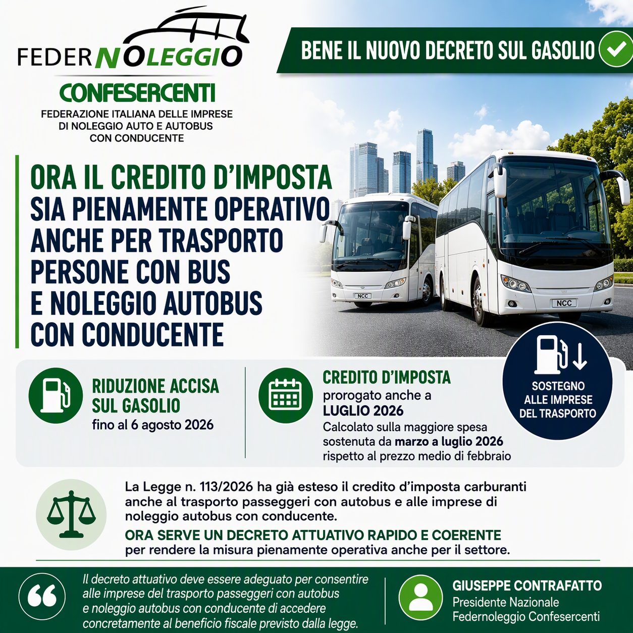 Carburanti: Federnoleggio Confesercenti, “Bene il nuovo decreto sul gasolio. Ora il decreto d’imposta sia pienamente operativo anche per trasporto persone con bus e noleggio autobus con conducente”